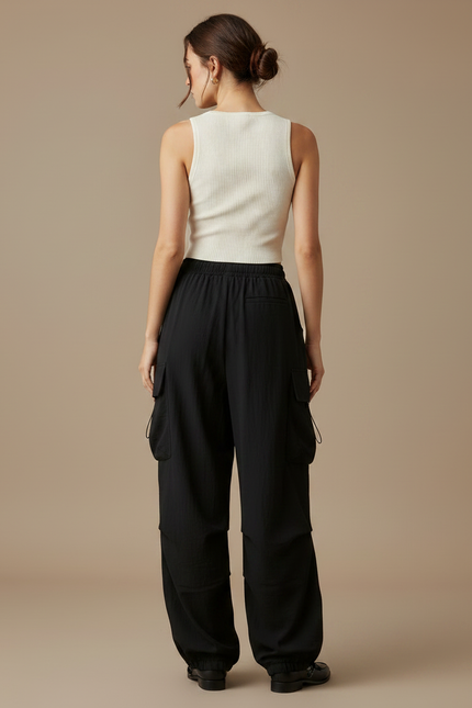 Pantalon Fluide Noir Ample Cargo Décontracté Streetwear - Polyester - vue 2