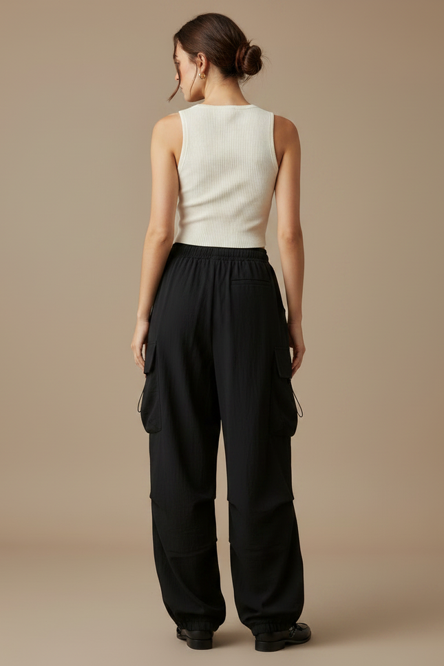 Pantalon Fluide Noir Ample Cargo Décontracté Streetwear - Polyester - vue 2