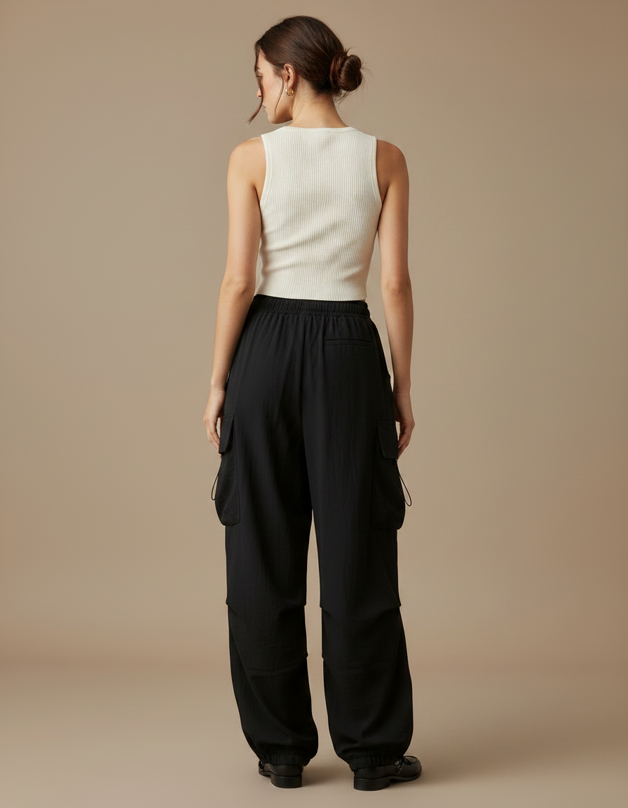 Pantalon Fluide Noir Ample Cargo Décontracté Streetwear - Polyester - vue 2