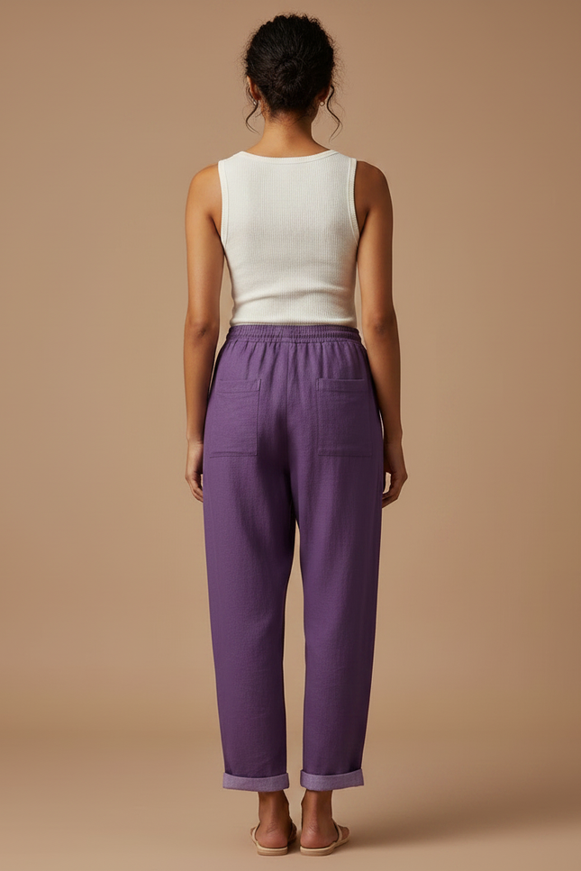 Pantalon Fluide Violet Lin Ample Imprimé Floral - vue 2