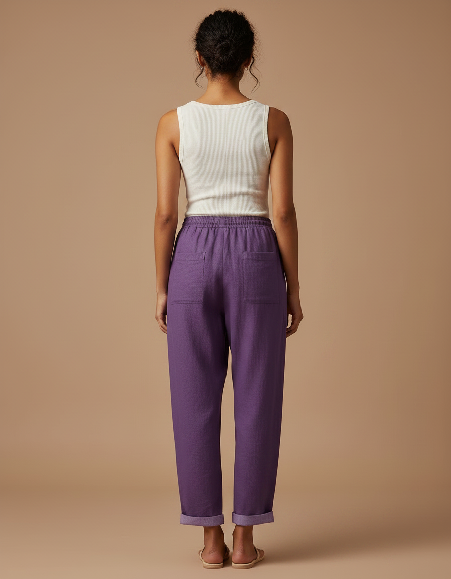 Pantalon Fluide Violet Lin Ample Imprimé Floral - vue 2