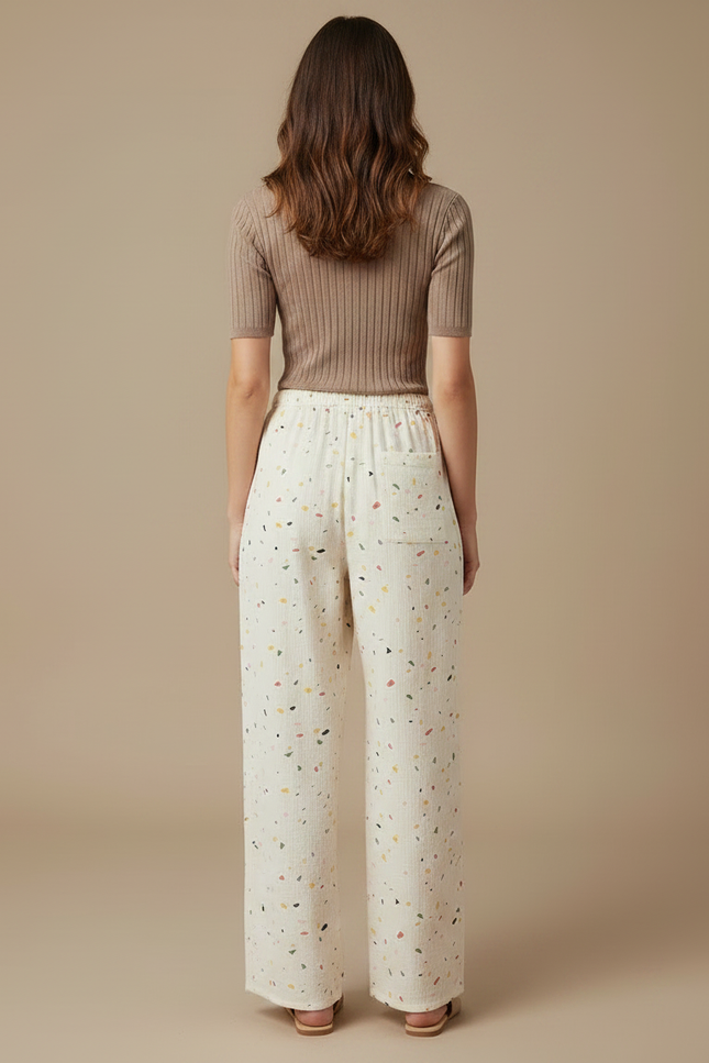 Pantalon Fluide Écru Ample Moucheté Coton Décontracté - Multicolore - vue 2