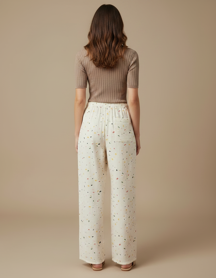 Pantalon Fluide Écru Ample Moucheté Coton Décontracté - Multicolore - vue 2