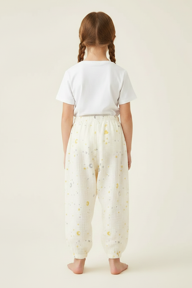 Pantalon Fluide Écru Coton Ample Lune Étoiles - Beige - vue 2