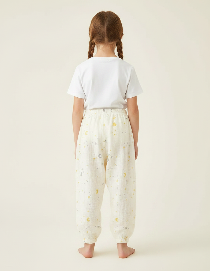 Pantalon Fluide Écru Coton Ample Lune Étoiles - Beige - vue 2