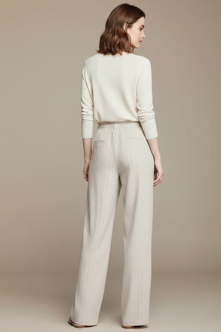 Pantalon Fluide Beige Rayé Ample Lin Décontracté - vue 2