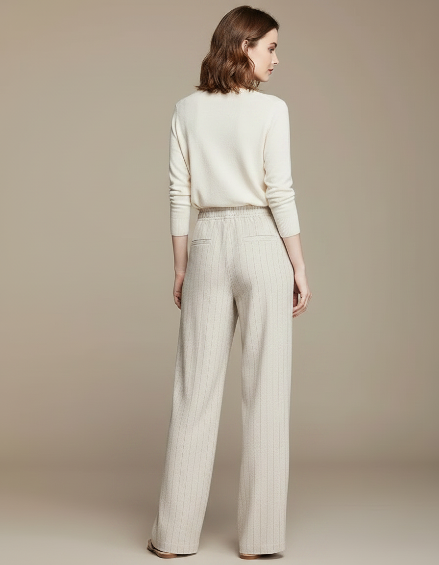 Pantalon Fluide Beige Rayé Ample Lin Décontracté - vue 2