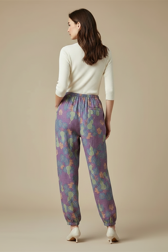Pantalon Fluide Violet Ample Coton Imprimé Feuille Femme - vue 2