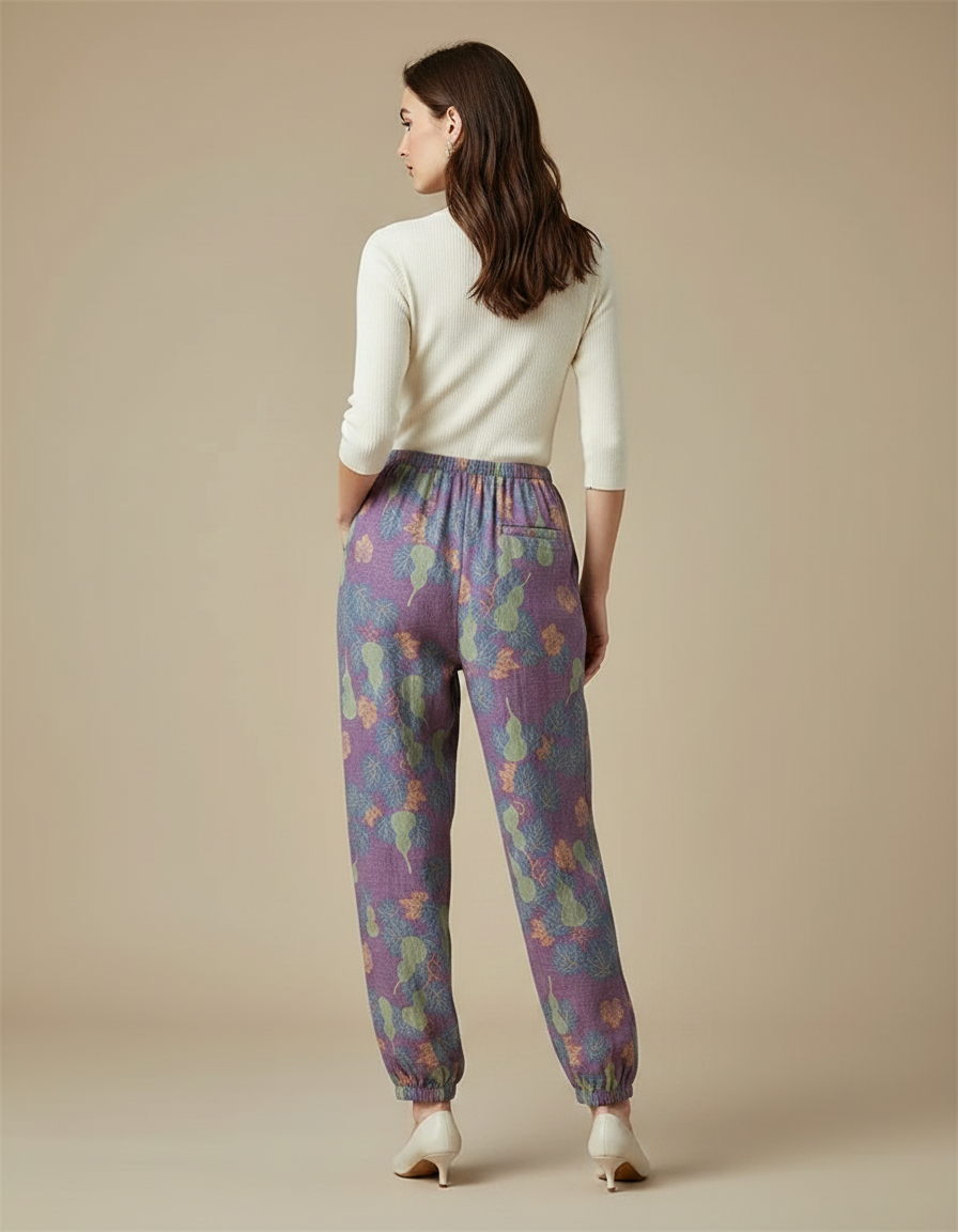 Pantalon Fluide Violet Ample Coton Imprimé Feuille Femme - vue 2
