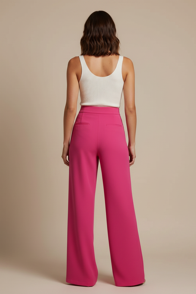 Pantalon Fluide Rose Boutons Dorés Taille Haute Élégant - Polyester - vue 2