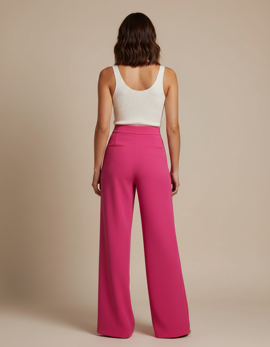 Pantalon Fluide Rose Boutons Dorés Taille Haute Élégant - Polyester - vue 2