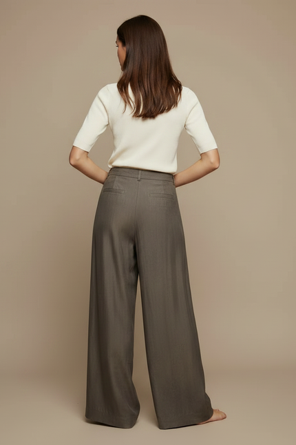 Pantalon Fluide Marron Ample Taille Haute Asymétrique Élégant - Viscose - vue 2