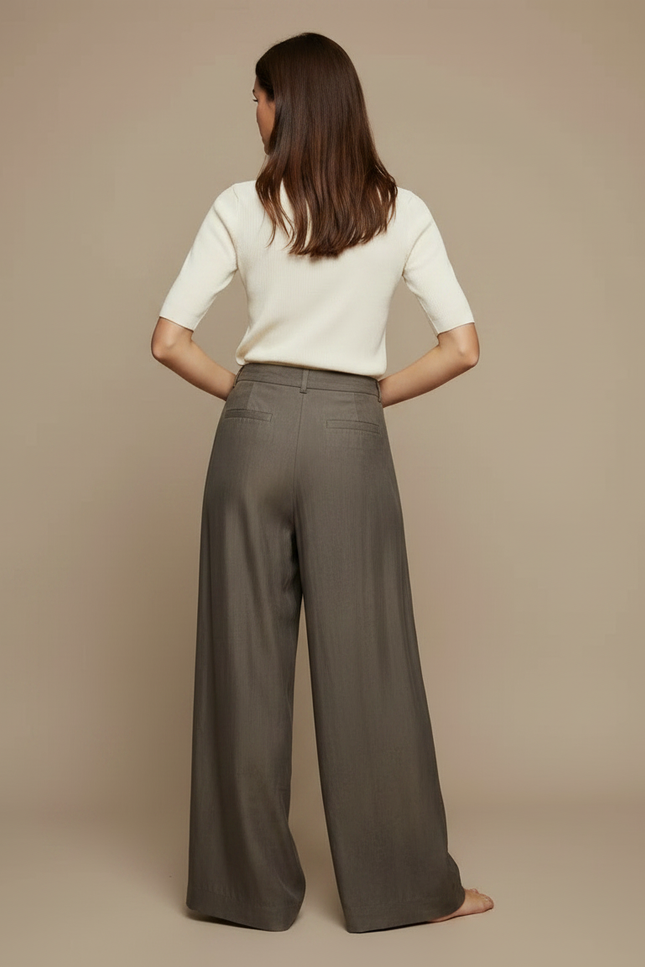 Pantalon Fluide Marron Ample Taille Haute Asymétrique Élégant - Viscose - vue 2