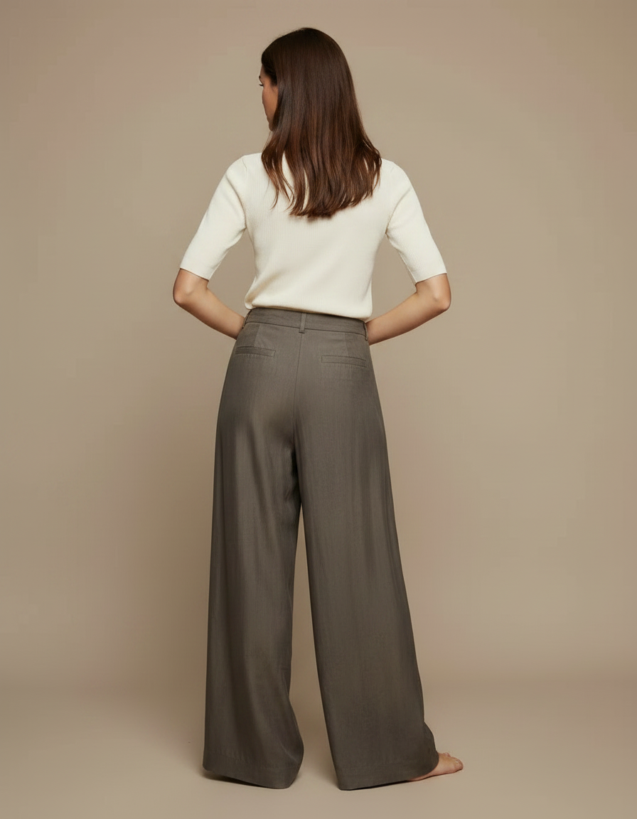 Pantalon Fluide Marron Ample Taille Haute Asymétrique Élégant - Viscose - vue 2