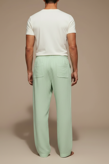 Pantalon Fluide Vert Menthe Ample Cordon Palmiers Homme - Lin - vue 2