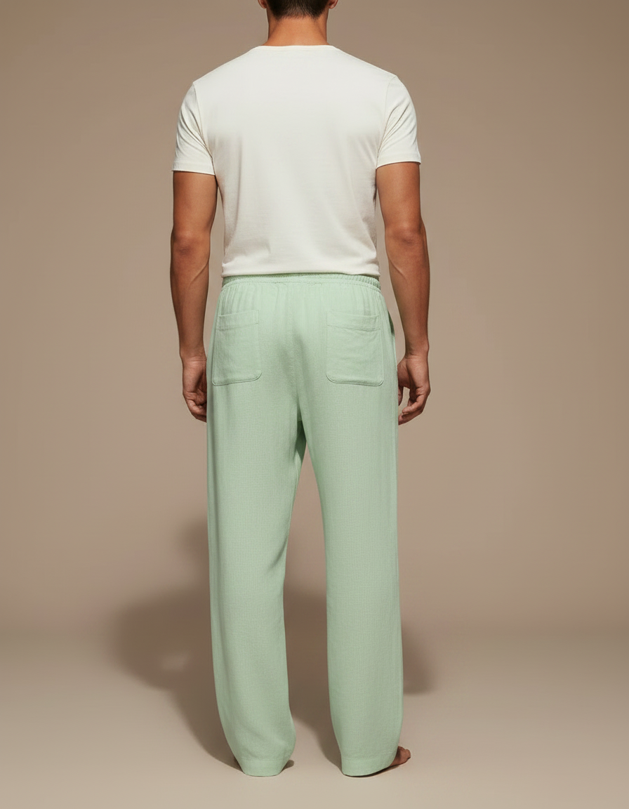 Pantalon Fluide Vert Menthe Ample Cordon Palmiers Homme - Lin - vue 2