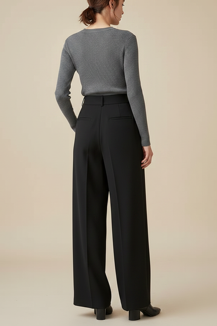 Pantalon Fluide Noir Ample Taille Haute Élégant Plissé Femme - Polyester - vue 2