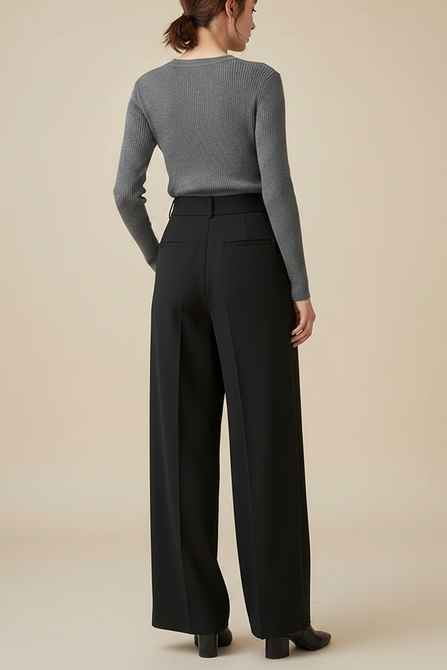 Pantalon Fluide Noir Ample Taille Haute Élégant Plissé Femme - Polyester - vue 2