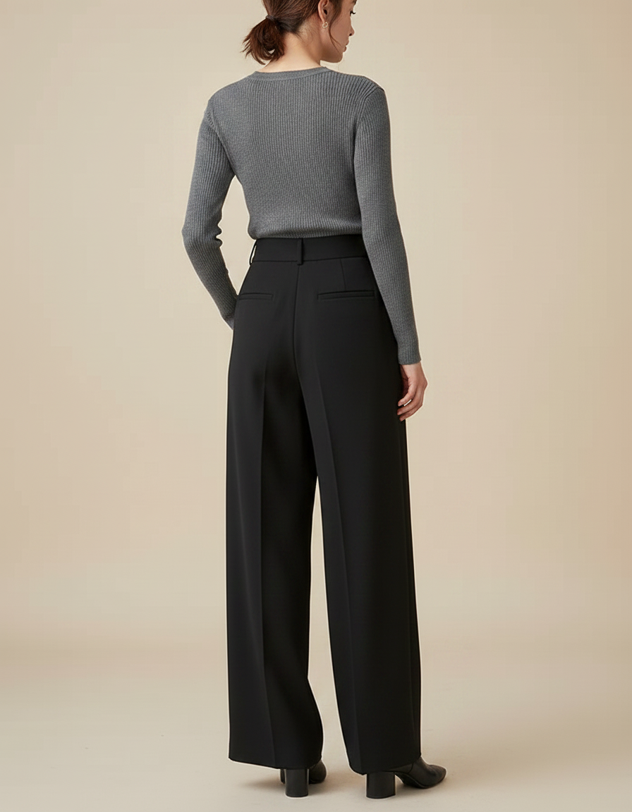 Pantalon Fluide Noir Ample Taille Haute Élégant Plissé Femme - Polyester - vue 2