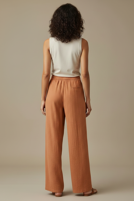 Pantalon Fluide Orange Ample Léger Femme - Lin - vue 2