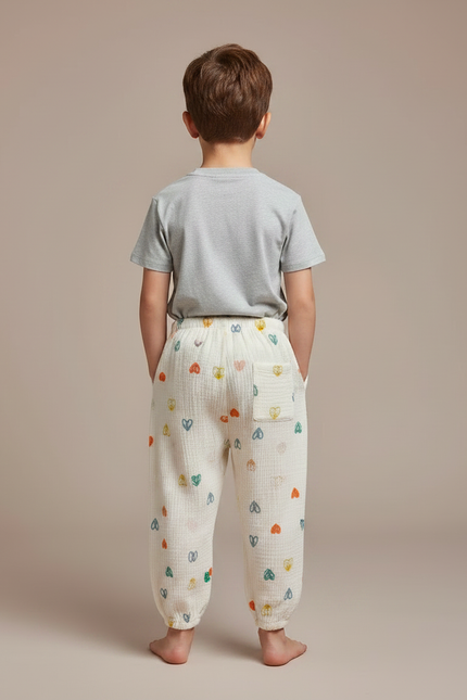 Pantalon Fluide Écru Cœurs Colorés Ample Coton Enfant - Blanc - vue 2