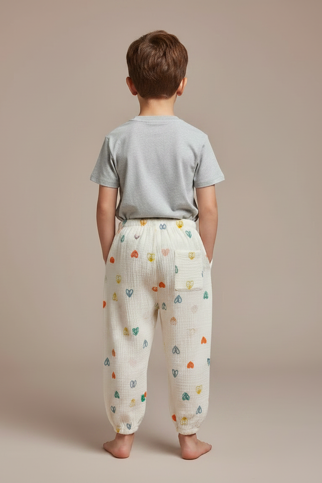 Pantalon Fluide Écru Cœurs Colorés Ample Coton Enfant - Blanc - vue 2