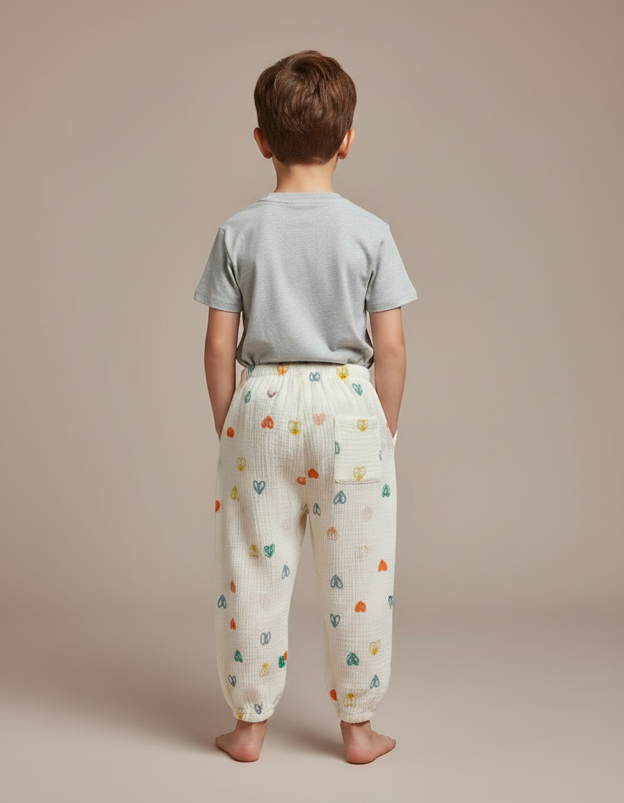 Pantalon Fluide Écru Cœurs Colorés Ample Coton Enfant - Blanc - vue 2