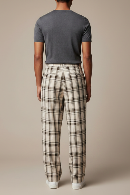 Pantalon Fluide Écru Carreaux Ample Plissé Homme - Beige Lin - vue 2