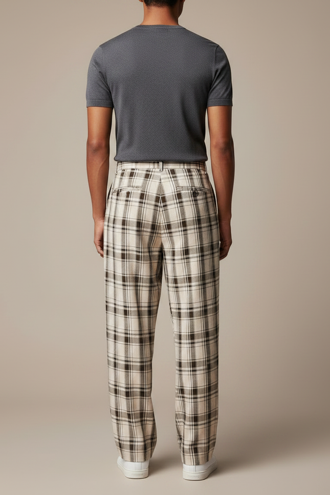 Pantalon Fluide Écru Carreaux Ample Plissé Homme - Beige Lin - vue 2