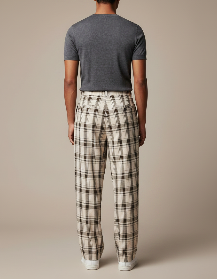 Pantalon Fluide Écru Carreaux Ample Plissé Homme - Beige Lin - vue 2