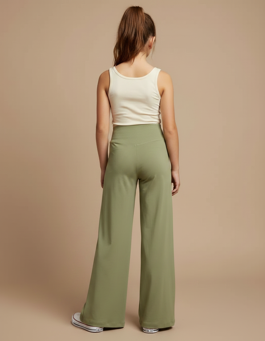 Pantalon Fluide Vert Ample Taille Haute Confortable Enfant - Kaki Maille - vue 2
