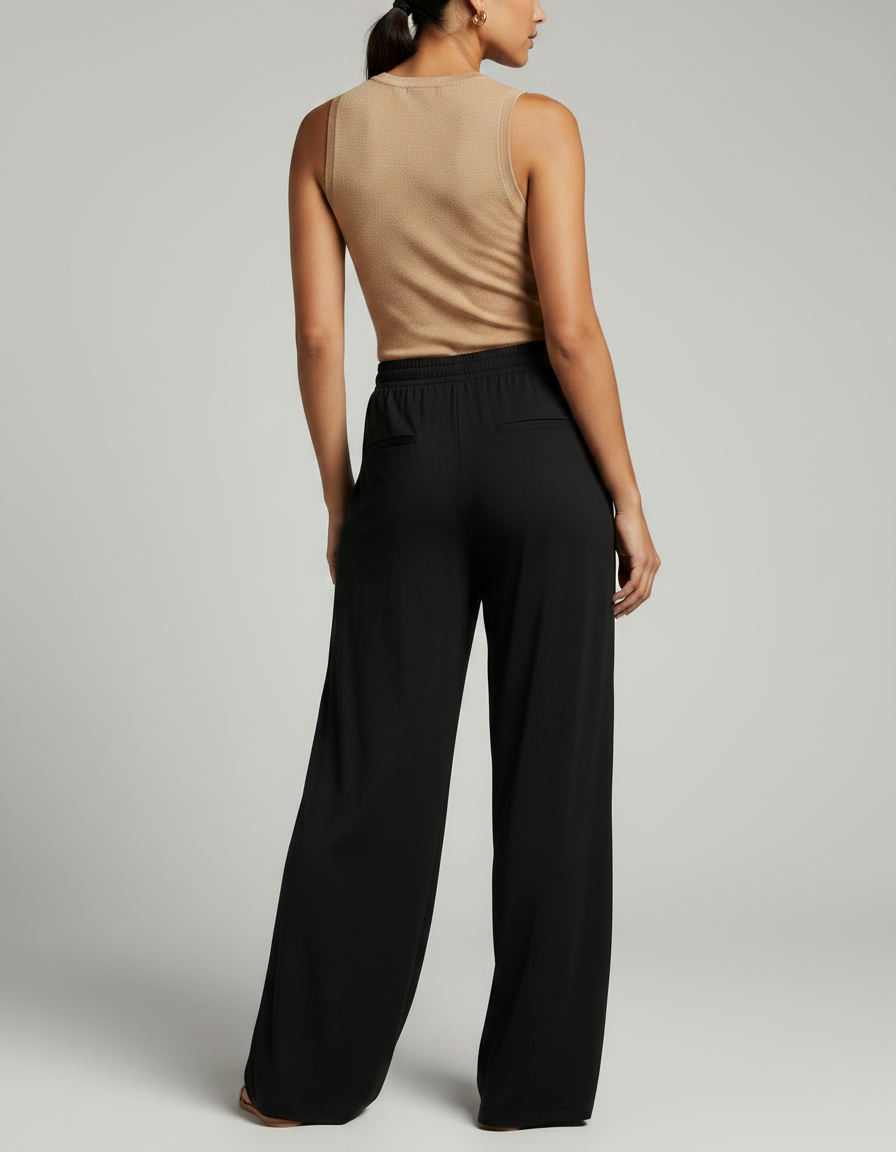 Pantalon Fluide Noir Ample Taille Haute Décontracté Élégant - Viscose - vue 2