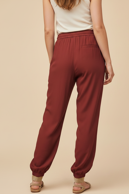 Pantalon Fluide Rouge Brique Cordon Décontracté Femme - Bordeaux Viscose - vue 2