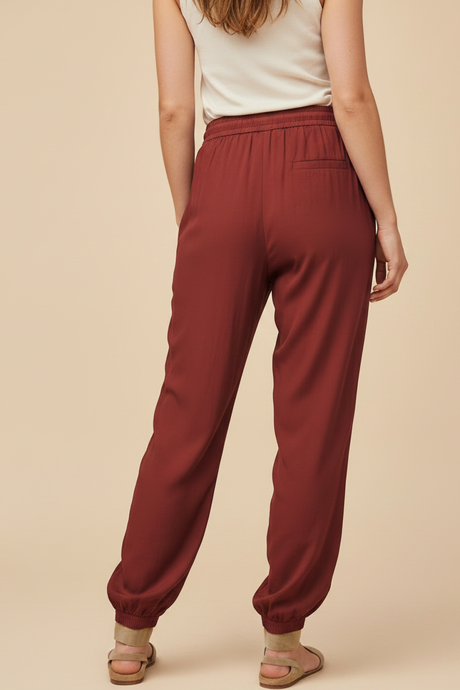 Pantalon Fluide Rouge Brique Cordon Décontracté Femme - Bordeaux Viscose - vue 2