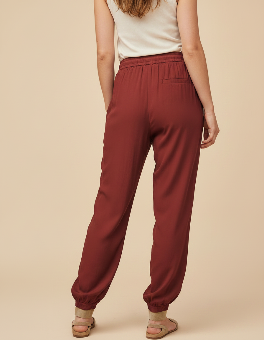 Pantalon Fluide Rouge Brique Cordon Décontracté Femme - Bordeaux Viscose - vue 2