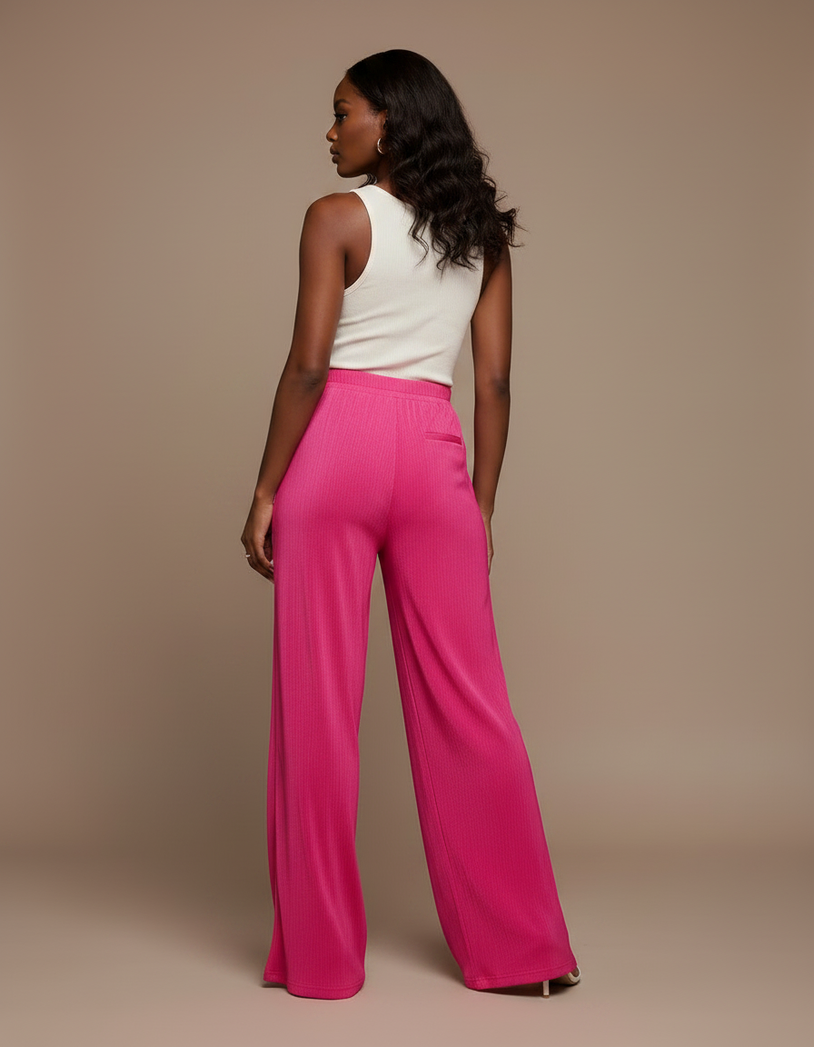 Pantalon Fluide Rose Vif Plissé Ample Élégant - Maille - vue 2