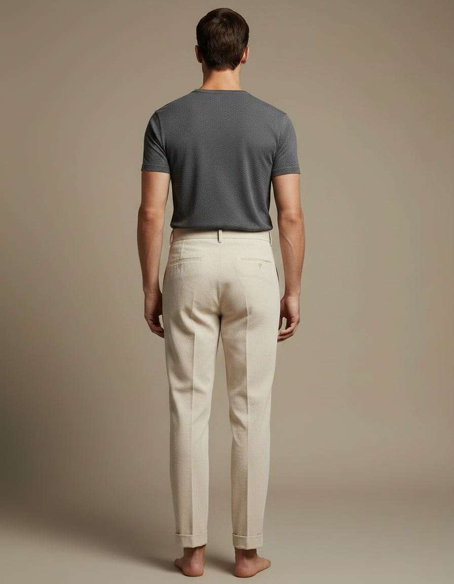 Pantalon Fluide Beige Côtelé Plissé Élégant Homme - Cordé - vue 2