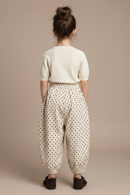 Pantalon Fluide Beige Côtelé Ample Pois Enfant - Cordé - vue 2