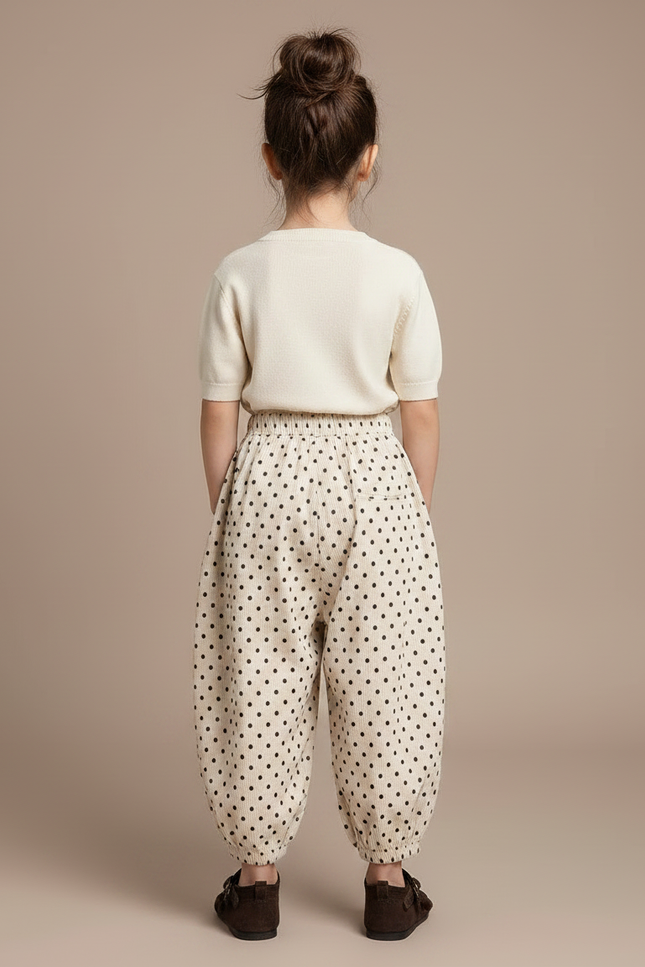 Pantalon Fluide Beige Côtelé Ample Pois Enfant - Cordé - vue 2