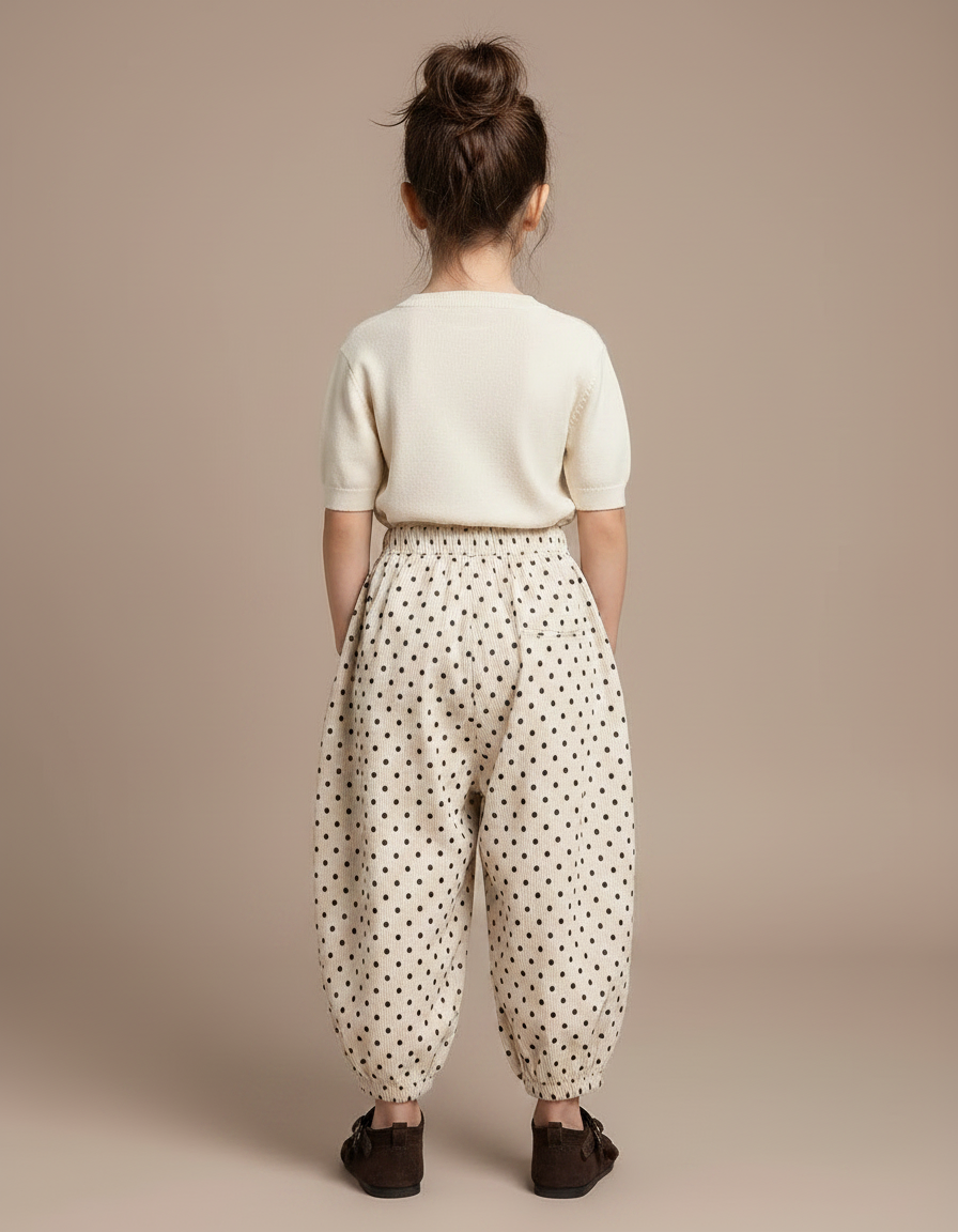 Pantalon Fluide Beige Côtelé Ample Pois Enfant - Cordé - vue 2