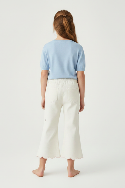 Pantalon Fluide Écru Brodé Floral Scallop Enfant - Beige Coton - vue 2