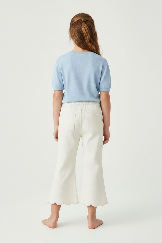 Pantalon Fluide Écru Brodé Floral Scallop Enfant - Beige Coton - vue 2