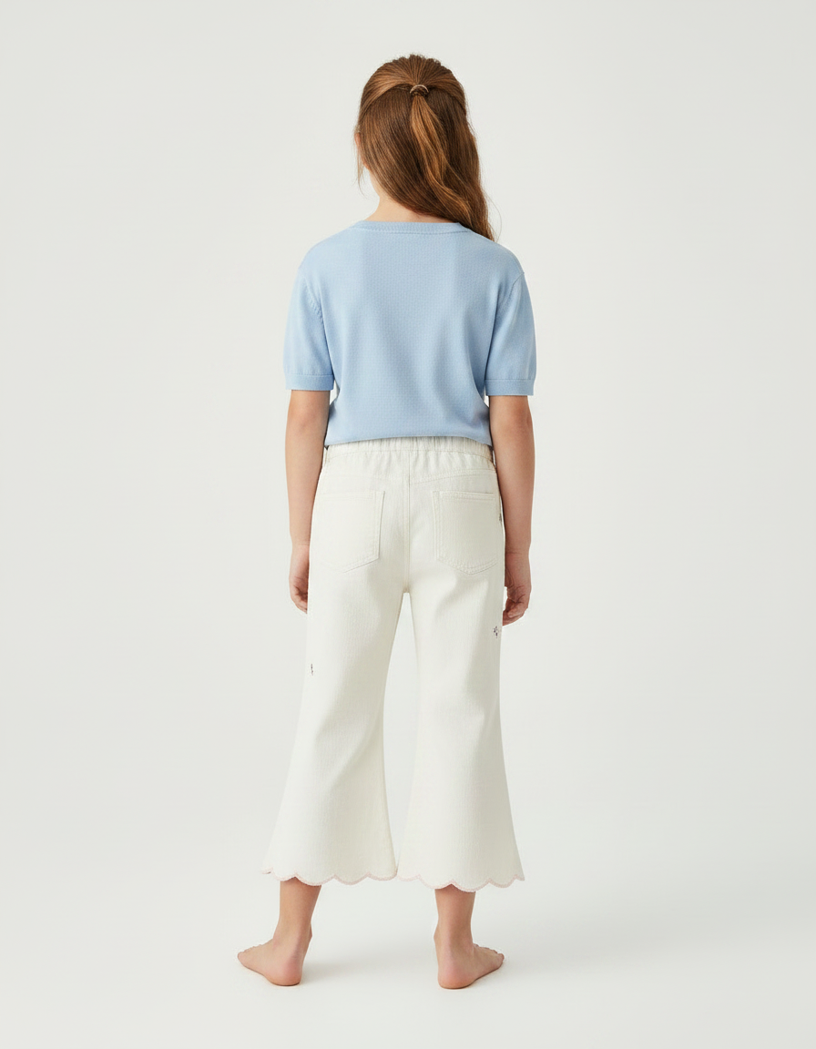 Pantalon Fluide Écru Brodé Floral Scallop Enfant - Beige Coton - vue 2