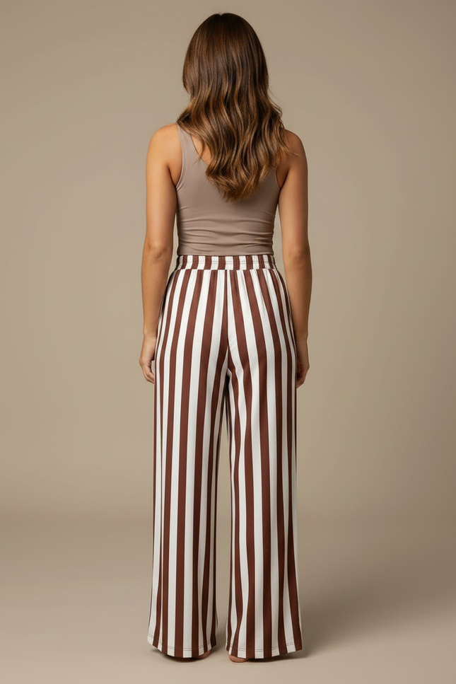 Pantalon Fluide Rayé Marron Ample Décontracté Cordon - Viscose - vue 2