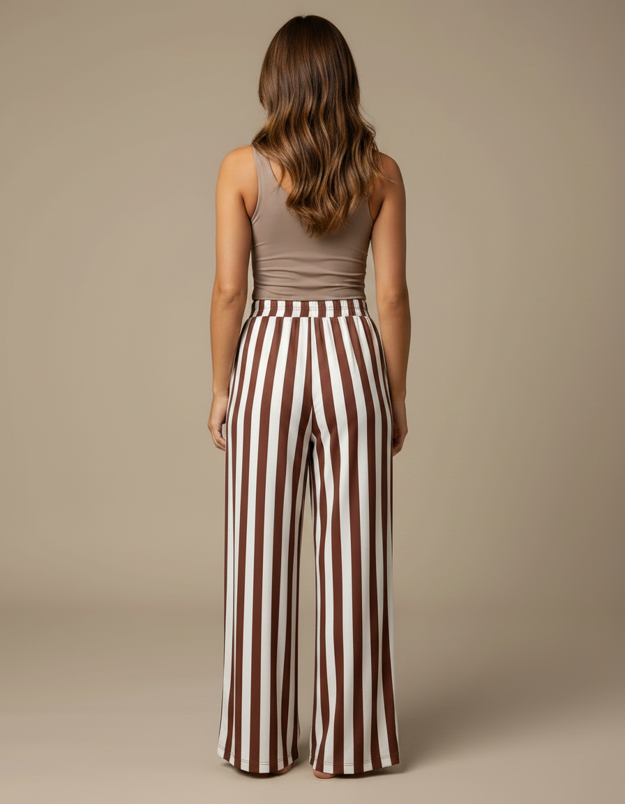 Pantalon Fluide Rayé Marron Ample Décontracté Cordon - Viscose - vue 2