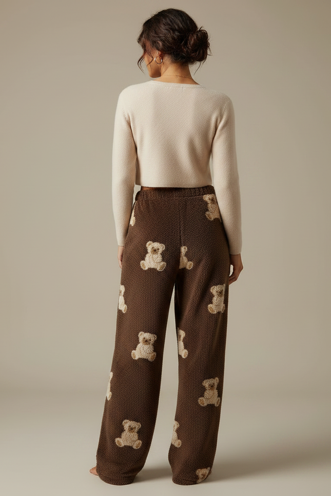 Pantalon Fluide Marron Oursons Pelucheux Confortable Femme - Molleton - vue 2