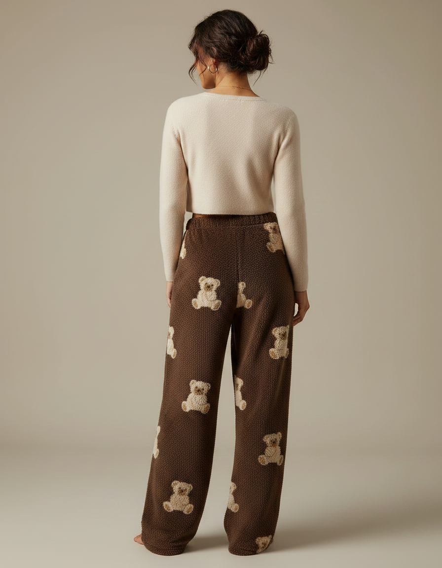 Pantalon Fluide Marron Oursons Pelucheux Confortable Femme - Molleton - vue 2