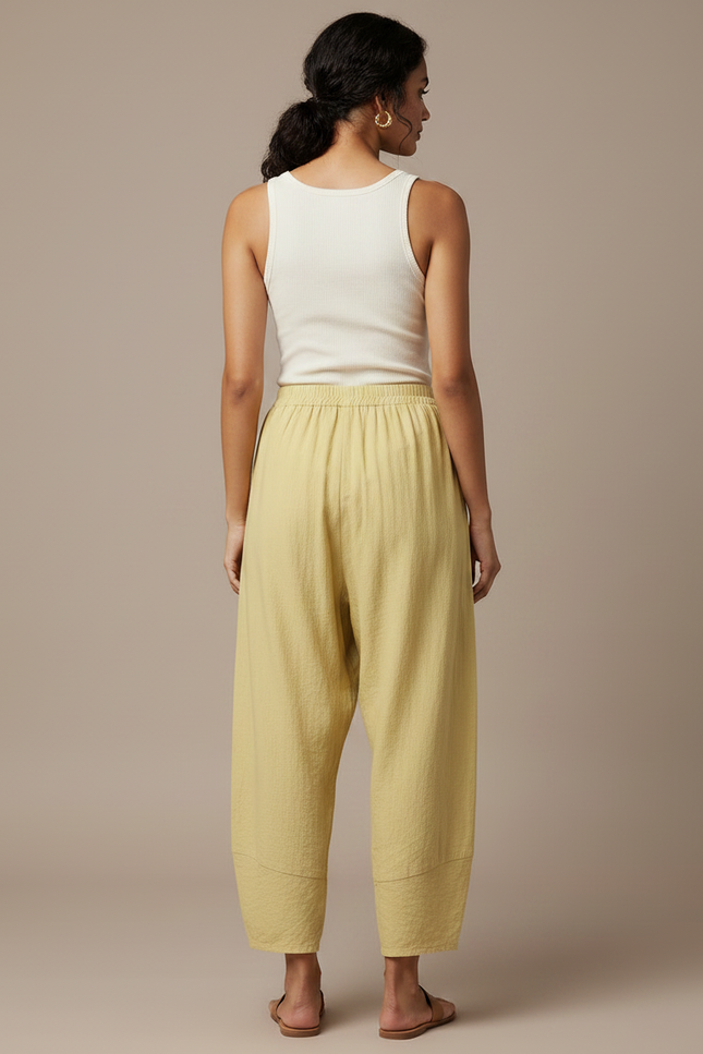 Pantalon Fluide Jaune Ample Texturé Décontracté - Lin - vue 2