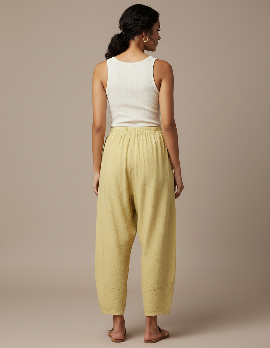 Pantalon Fluide Jaune Ample Texturé Décontracté - Lin - vue 2