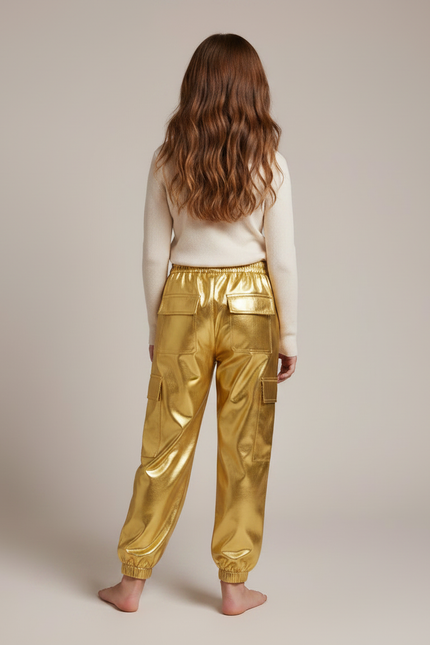 Pantalon Fluide Doré Métallisé Cargo Brillant Fille - Polyester - vue 2